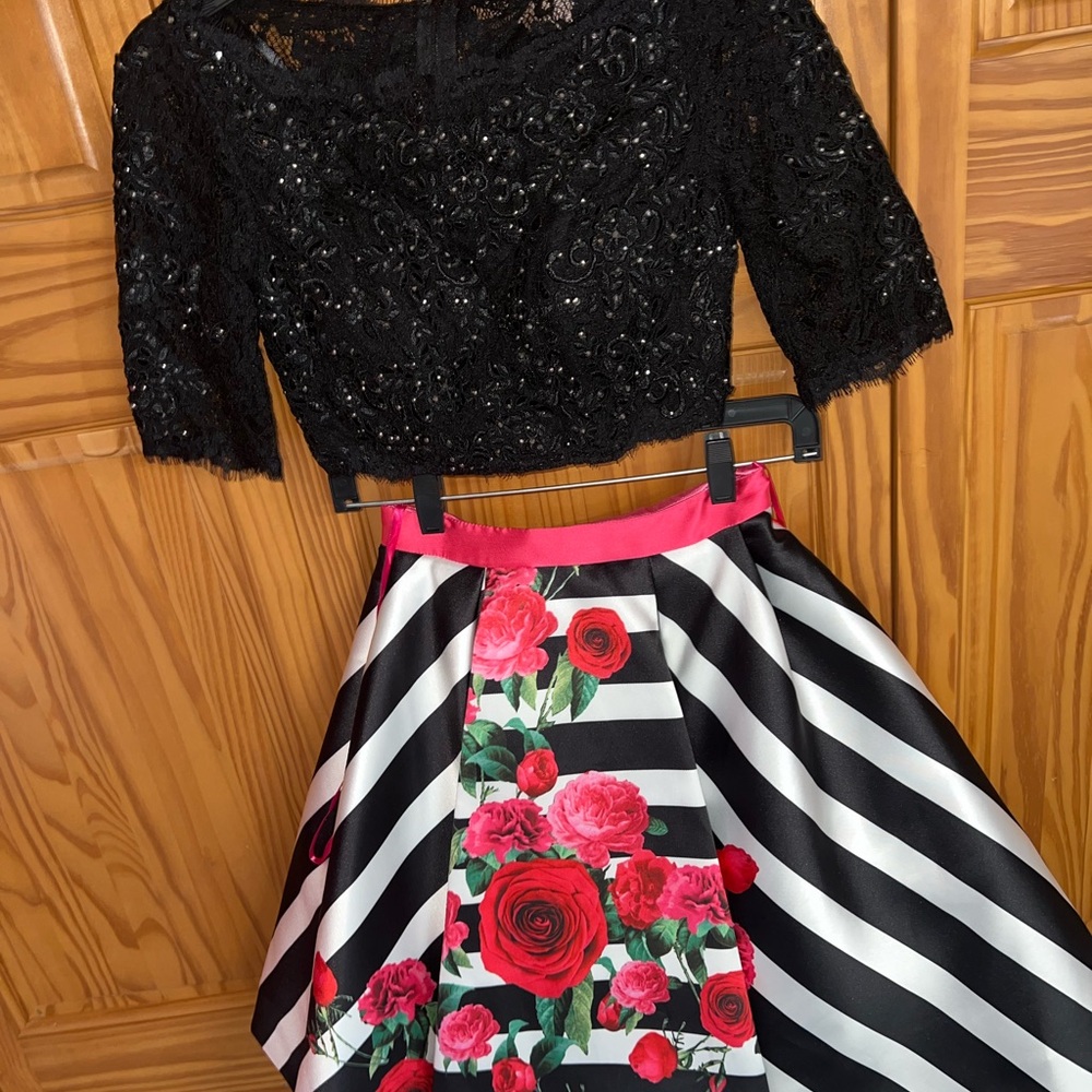 Black Lace Top and Floral Striped Skirt Set